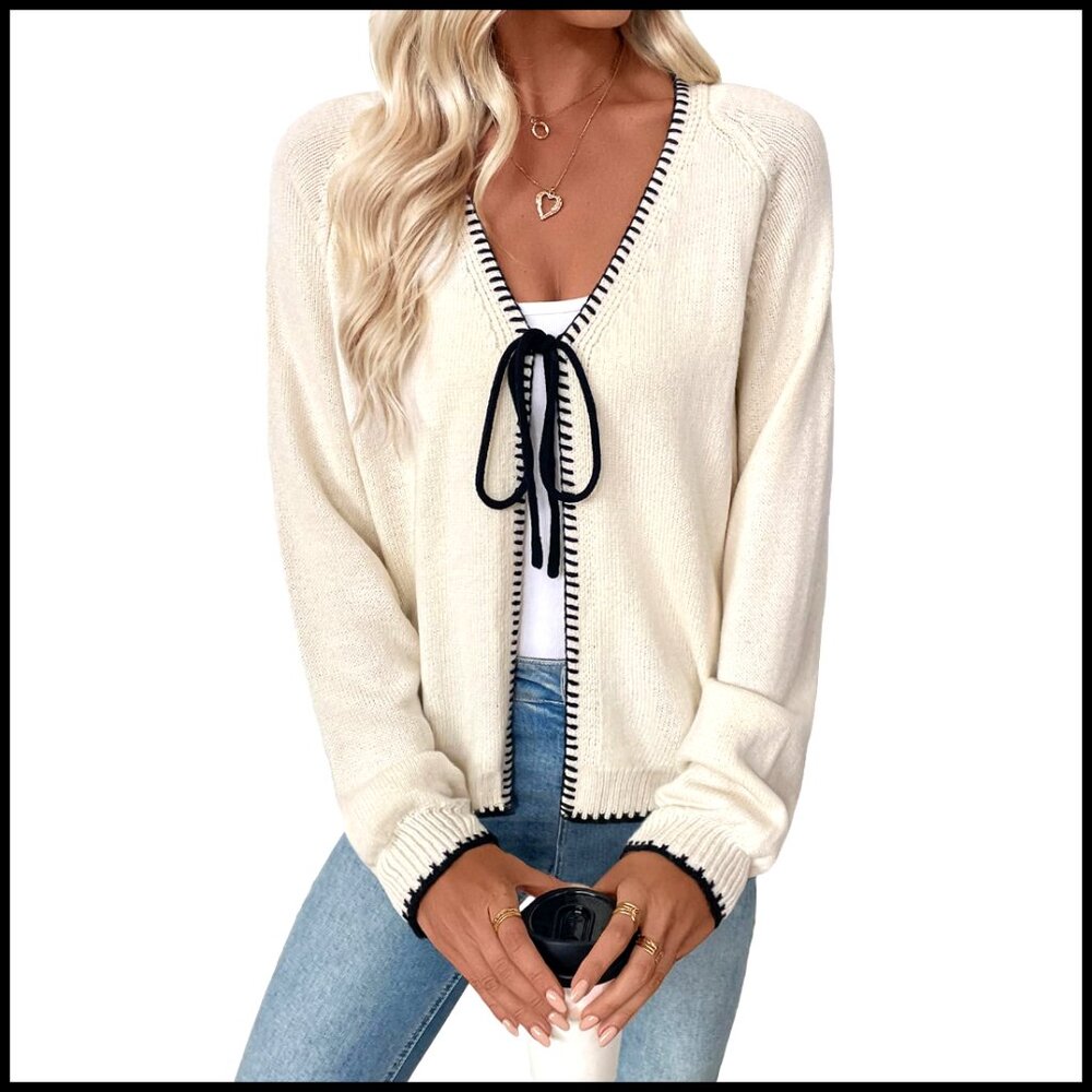 V Neck Long Sleeve Cardigan, Open Front Bow Tie, Lightweight Knit Sweater